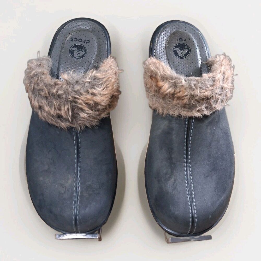 Crocs Women's Dark Brown Faux Fur Lined Platform Wedge Clogs Size 9